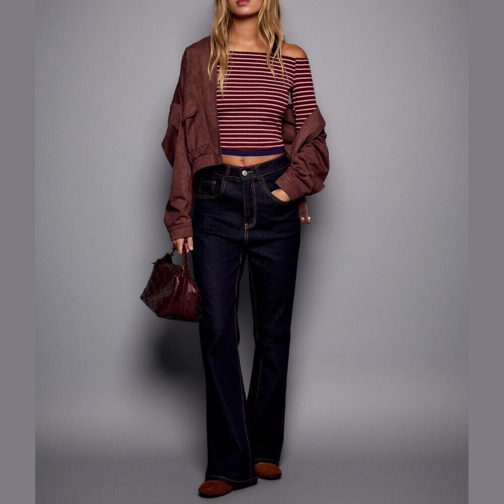 Burgundy Striped Off Shoulder Ribbed Knit Crop Top with Contrast Trim
